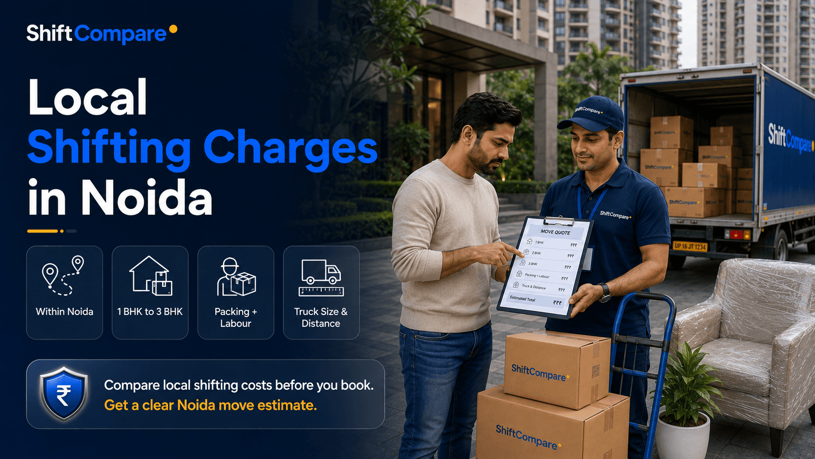 Local shifting charges in Noida by same-city distance, tower access and labour scope